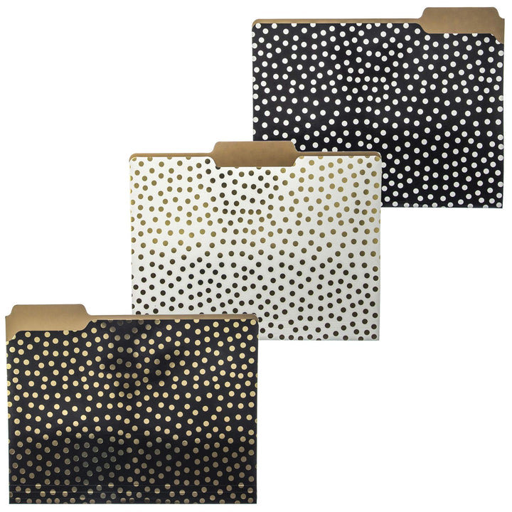 Graphique Designer Black, White, and Gold Polka Dots File Folders | Set of 9 (3 Designs) | Letter Size Organizers | Decorative Office Supplies | Durable Coated Cardstock | 1/3-Cut Tabs Gold Dots