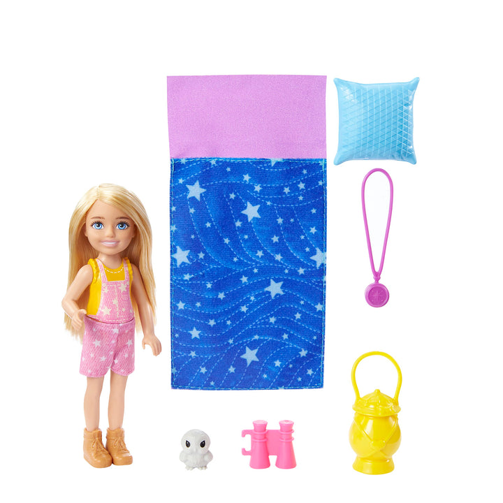 Barbie Doll & Accessories, It Takes Two Camping Playset with Owl, Sleeping Bag & Accessories, Blonde Chelsea Small Doll