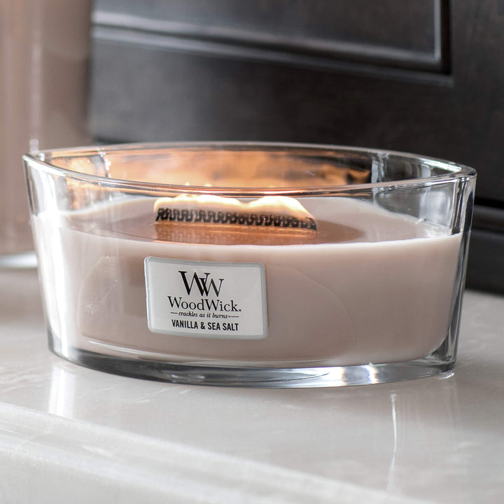 Woodwick Ellipse Scented Candle, Vanilla & Sea Salt, 16oz | Up to 50 Hours Burn Time & Large Hourglass Candle, Vanilla Sea Salt - Premium Soy Blend Wax, Pluswick Innovation Wood Wick, Made in USA Single Pour Candle + Large Hourglass Candle