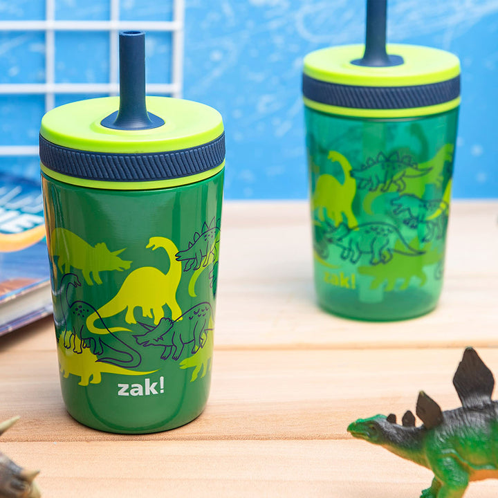 Zak Designs Dino Camo Kelso Tumbler 3pc Set, Leak-Proof Screw-On Lid with Straw, Bundle for Kids Includes Plastic and Stainless Steel Cups with Additional Sipper, 15 fluid ounces