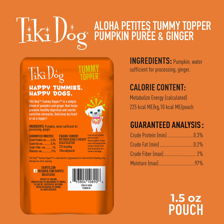 Tiki Dog Single-Serve Tummy Topper, Grain-Free Pumpkin Purée with Ginger for Sensitive Stomachs, 1.5oz Pouches (Pack of 12)