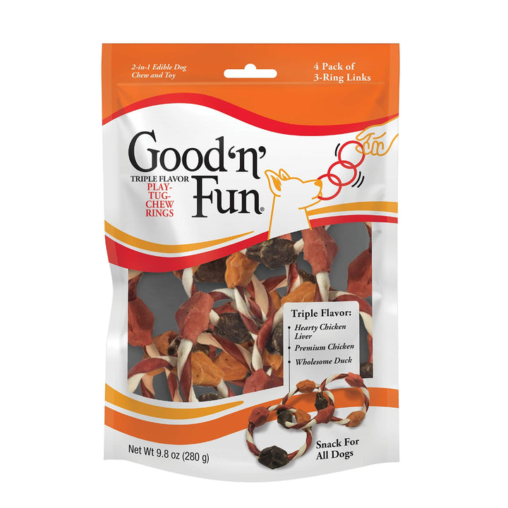 Good n Fun Triple Flavor Play-Tug-Chew Rings 4 Count, Snack for All Dogs