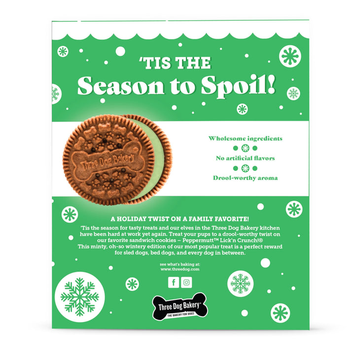 Three Dog Bakery Peppermutt Lick'n Crunch, Carob Cookie w/Green Crème Peppermint Flavored Filling, Premium Treats for Dogs, 13 Ounces Each 13 Ounce (Pack of 1) Carob & Peppermint Crème