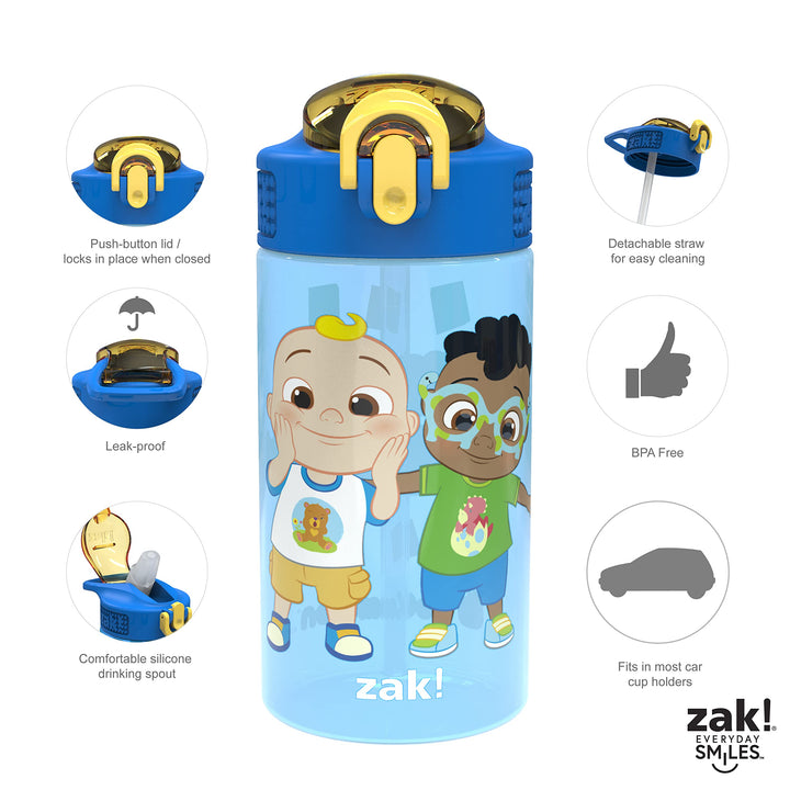 Zak Designs CoComelon Kids Water Bottle with Spout Cover and Built-In Carrying Loop, Made of Durable Plastic, Leak-Proof Water Bottle Design for Travel (16 oz, Pack of 2) 2 Count (Pack of 1) CoComelon 2pk