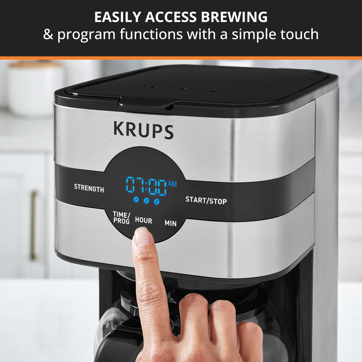 Krups Coffee Maker 10 Cups Digital Simply Brew Stainless Steel Drip Coffee Maker 900 Watts Digital Control, Coffee Filter, Drip Free, Dishwasher Safe Pot Silver and Black 10-Cup Glass & Digital