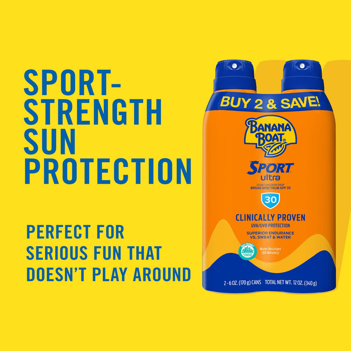 Banana Boat Sport Ultra SPF 30 Sunscreen Spray Twin Pack | Banana Boat Sunscreen Spray SPF 30, Spray On Sunscreen, Water Resistant Sunscreen, Oxybenzone Free Sunscreen Pack, 6oz each 6 Ounce (Pack of 2)