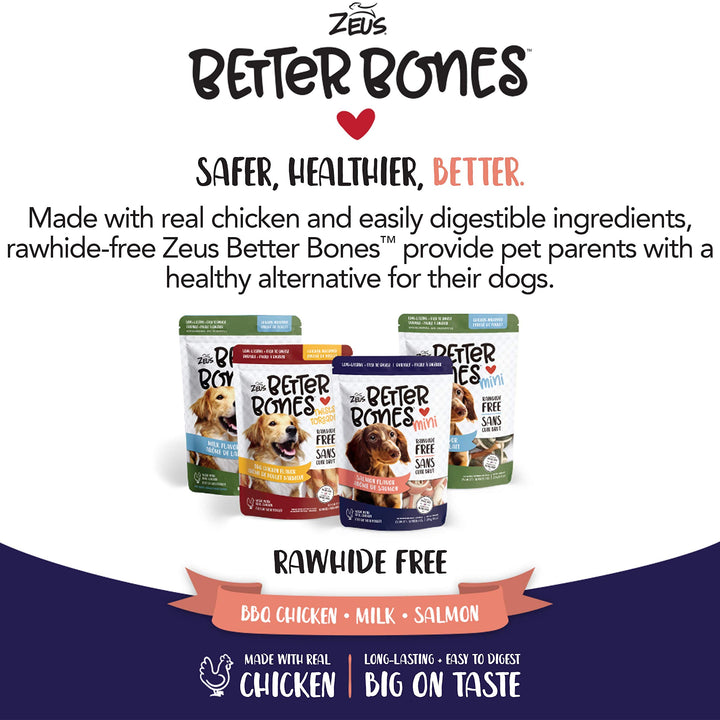 ZEUS Better Bones Dog Treats, Rawhide Free Healthy Chicken Jerky Dog Treats, Chicken Wrapped Mini Bones, 12 Count BBQ Chicken Chicken-Wrapped Mini, 12 Count