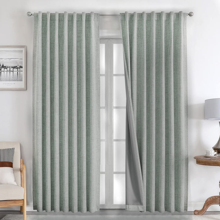 Joydeco 100% Black Out Curtains 63 inch Long 2 Panels Burg Natural Blackout Linen Drapes for Bedroom Living Room Darkening Curtain Thermal Insulated Back tab Rod Pocket(37x63 inch,Sage Green) Sage Green 37"W x 63"L (Pack of 2)