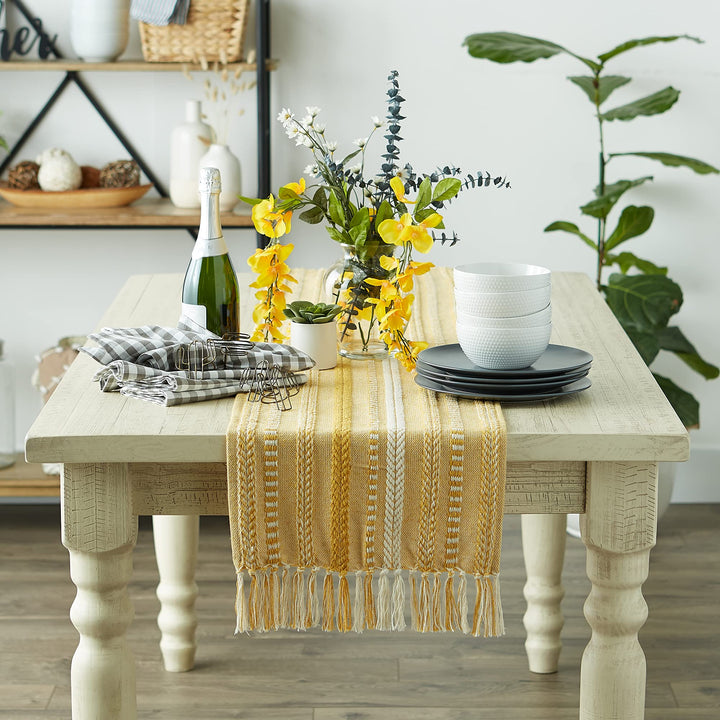 DII Farmhouse Braided Stripe Table Runner Collection, 15x108 (15x113, Fringe Included), Honey Gold 15x108" (15x113", Fringe Included) Striped