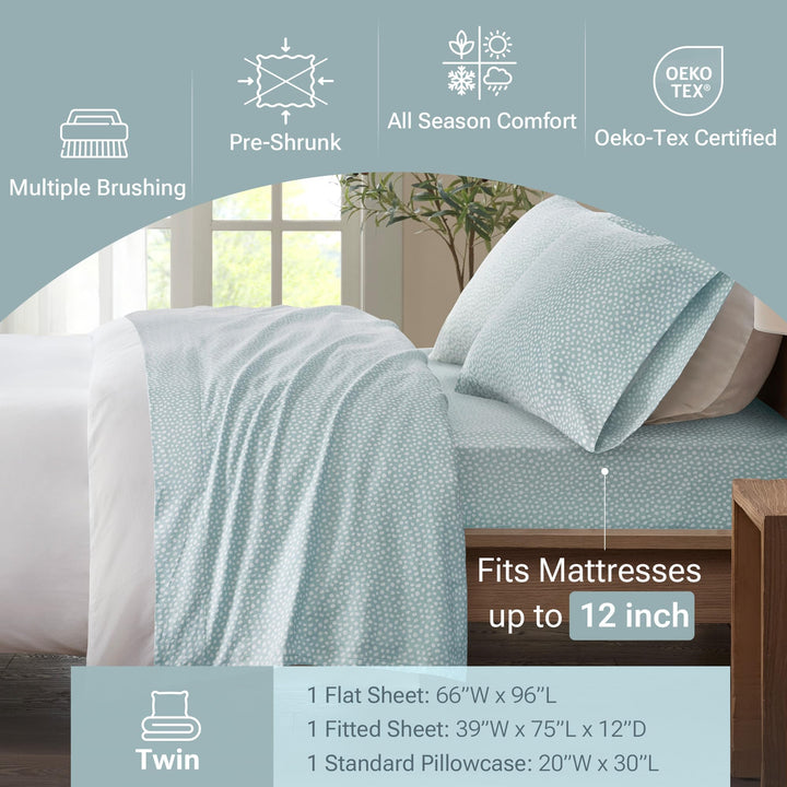 Sleep Philosophy True North Cozy Flannel Warm 100% Cotton Sheet - Novelty Print Animals Stars Cute Ultra Soft Cold Weather Bedding Set, Queen, Aqua Dots 4 Piece