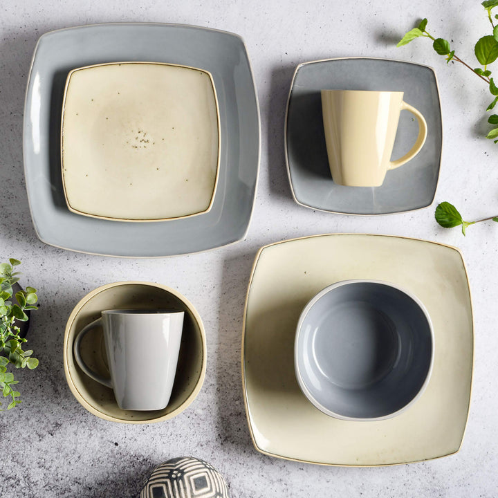 Gibson Soho Lounge Square Reactive Glaze Stoneware Dinnerware Set, Service for 4 (16pc), Sapphire Service for 4 (16pcs)