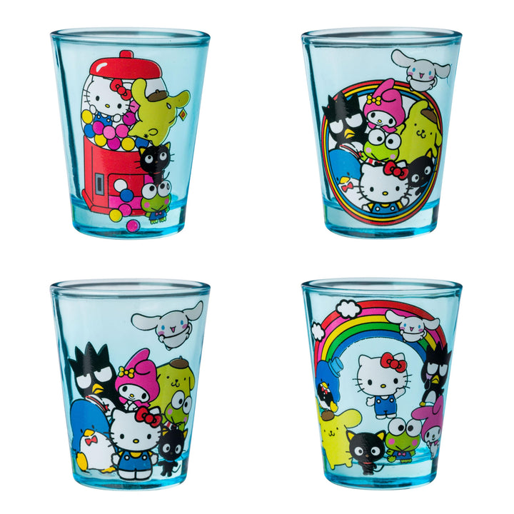 Silver Buffalo Sanrio Hello Kitty and Friends Featuring My Melody, Keroppi, Chococat, Pompompurin, Tuxedo Sam, Cinnamoroll, and Badtz-Maru 4 Pack Mini Glass Set, 1.5 Ounces Sanrio Group Shot