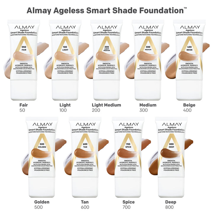 Almay Anti-Aging Foundation, Smart Shade Face Makeup with Hyaluronic Acid, Niacinamide, Vitamin C & E, Hypoallergenic-Fragrance Free, 100 Light, 1 Fl Oz (Pack of 1)