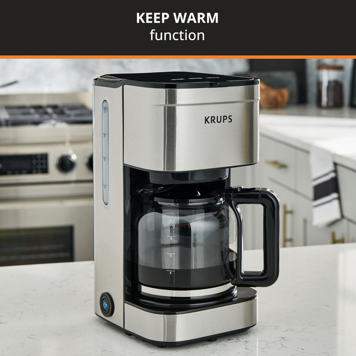 Krups Coffee Maker 10 Cups Digital Simply Brew Stainless Steel Drip Coffee Maker 900 Watts Digital Control, Coffee Filter, Drip Free, Dishwasher Safe Pot Silver and Black 10-Cup Glass & Digital