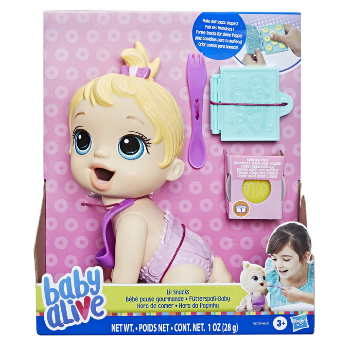 Baby Alive Lil Snacks Doll, Eats and Poops, Snack-Themed 8-Inch Baby Doll, Snack Box Mold, Toy for Kids Ages 3 and Up, Blonde Hair