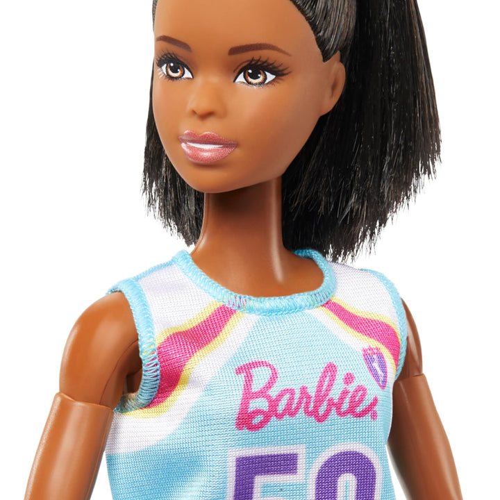 Barbie Careers Fashion Doll & Accessories, Made to Move Brunette Basketball Player Wearing Removable Uniform with Ball, 22 Bendable Joints