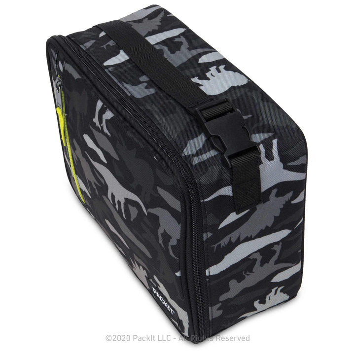 PackIt Freezable Classic Lunch Box, Dino Camo Charcoal, Built with EcoFreeze Technology, Collapsible, Reusable, Zip Closure With Zip Front Pocket and Buckle Handle, Perfect for School Lunches