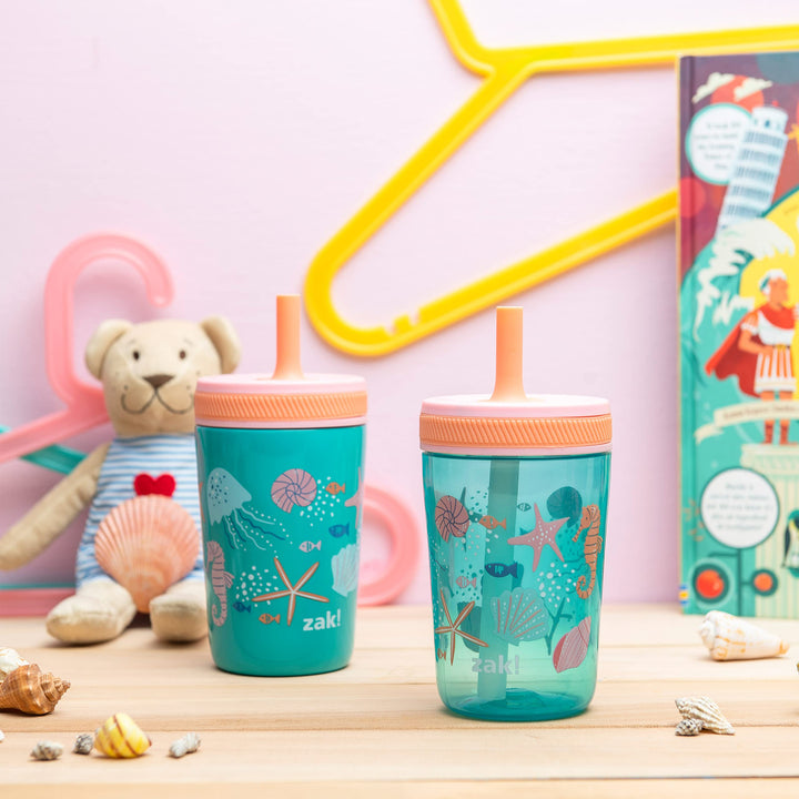 Zak Designs Shells Kelso Tumbler Set, Leak-Proof Screw-On Lid with Straw, Bundle for Kids Includes Plastic and Stainless Steel Cups with Bonus Sipper (3pc Set, Non-BPA) 15 fl.oz. Classic