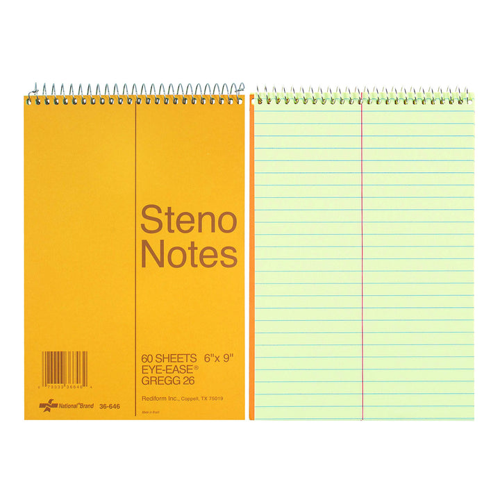 Rediform National Steno Notebook with Brown Board Cover, Green Eye-Ease Paper, Gregg Ruled, 6" x 9", 60 Sheets (36646)