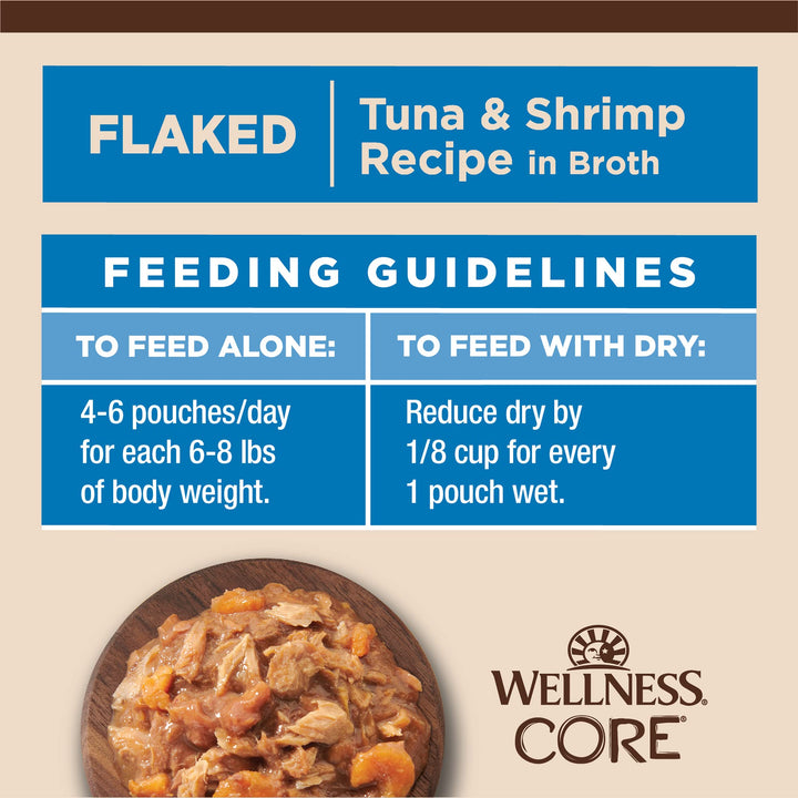 Wellness CORE Tiny Tasters Wet Cat Food, Complete & Balanced Natural Pet Food, Made with Real Meat, 1.75-Ounce Pouch, 12 Pack (Adult Cat, Flaked Tuna & Shrimp)