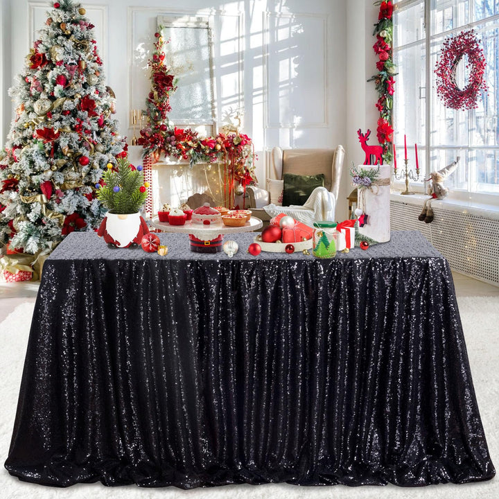 QueenDream Seamless Sequin Tablecloth 90x132 Inch Black Rectangular Tablecloth for Christmas Wedding Birthday Halloween 90 x 132 inch