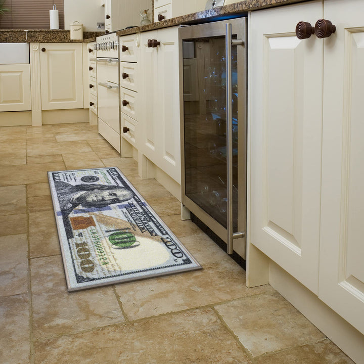 Machine Washable $100 Bill Design Non-Slip Rubberback 17x43 Modern Runner Rug for Hallway, Kitchen, Bedroom, 17" x 43", Multicolor Money New $100 Runner - 17" x 43"