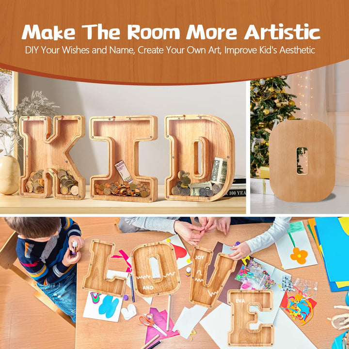 Wooden Piggy Bank, 26 Alphabet Personalized Letter Piggy Bank for Kids Boys Girls, Piggy Bank Toy, Coin Bank Money Box, DIY Name Birthday Room Decoration（S） S