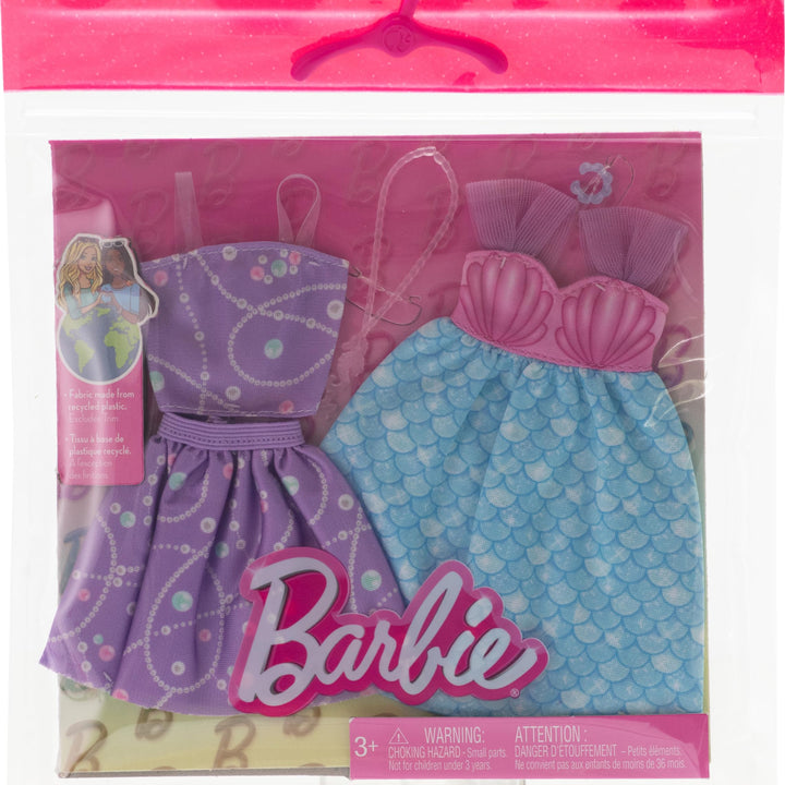 Barbie Fashions 2-Pack Clothing Set, 2 Outfits for Barbie Doll Include Mermaid-Themed Dress, Top & Skirt & 2 Accessories