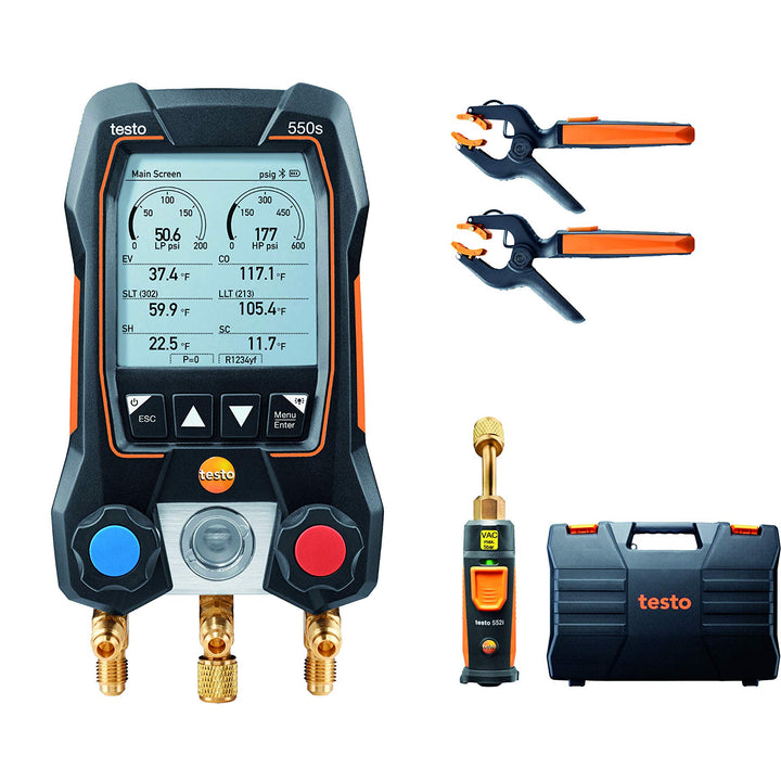 Testo 550s AC Manifold Gauge Set – Manifold Gauges Hvac and Refrigeration – Incl. 2x testo 115i Pipe Clamp Thermometer, 1x testo 552i Micron Gauge - AC Recharge Kit, AC Gauge Set with Bluetooth Vacuum Kit Digital Manifold