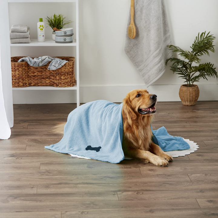 Bone Dry Pet Grooming Towel Collection Absorbent Microfiber X-Large, 41x23.5", Embroidered Blue 41x23.5"