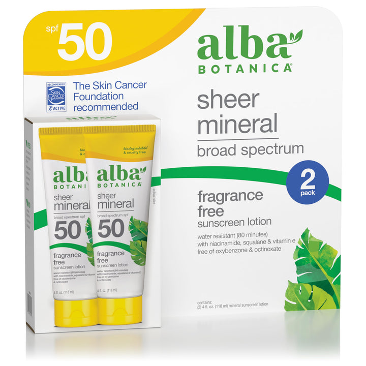 Alba Botanica Mineral Sunscreen Lotion, Broad Spectrum SPF 50 Sunscreen, Water Resistant and Biodegradable, 4 fl. oz. (Pack of 2)