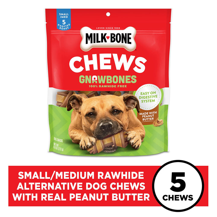 Milk-Bone Chews GnawBones Rawhide Free Dog Treats, Peanut Butter & Chicken, 5 Long Lasting Small/Medium Knotted Bones 9.6 Ounce (Pack of 1)