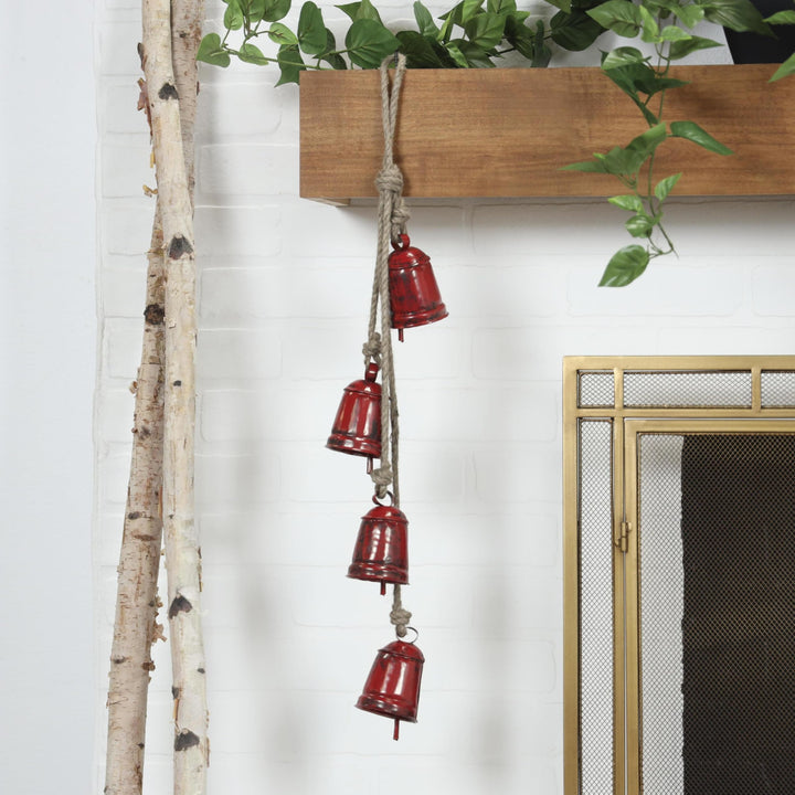 Deco 79 Gold Metal Tibetan Inspired String Hanging Decorative Bells with Jute Hanging Rope 4" x 8" x 52" - Cone 52" x 4" x 8"