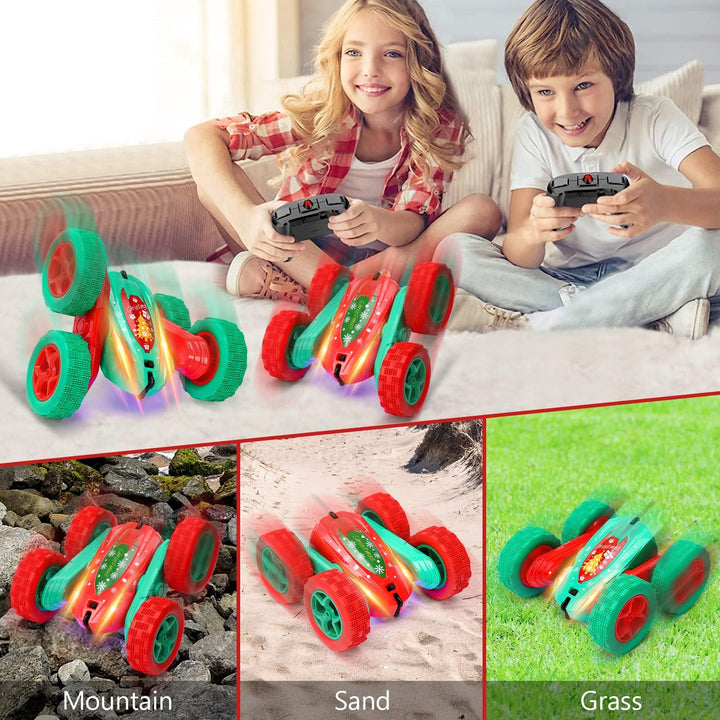 2PACK Christmas Style Remote Control Car RC Stunt Car for Kids,2.4Ghz High Speed Rock Crawler Vehicle,360 Rotating 4WD Off Road Double Sided Rotating Tumbling with 4 Rechargeable Battery，Red+Green