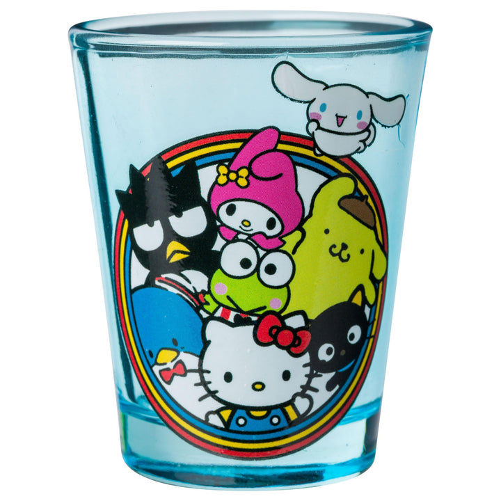 Silver Buffalo Sanrio Hello Kitty and Friends Featuring My Melody, Keroppi, Chococat, Pompompurin, Tuxedo Sam, Cinnamoroll, and Badtz-Maru 4 Pack Mini Glass Set, 1.5 Ounces Sanrio Group Shot