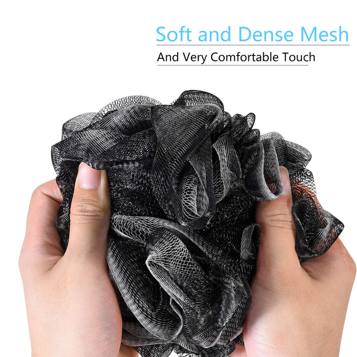 Yoget Charcoal Bath Loofah Sponge, 4 Pack Black 60G Large Shower Mesh Ball Soft Pouf Body Scrubber, Exfoliate, Cleanse, Soothe Skin, Black Loofah with White Trim