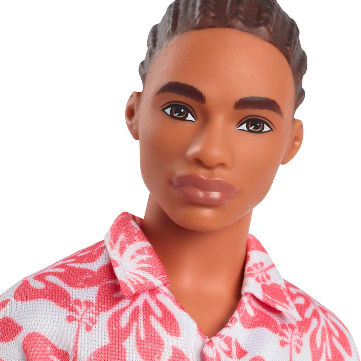 Barbie Fashionistas Ken Doll #235 with Braided Brown Hair, Wearing Coral Jumpsuit with Hawaiian Print and Green Sandals