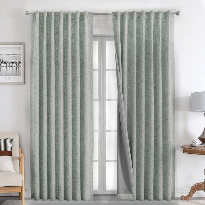 Joydeco 100% Black Out Curtains 63 inch Long 2 Panels Burg Natural Blackout Linen Drapes for Bedroom Living Room Darkening Curtain Thermal Insulated Back tab Rod Pocket(37x63 inch,Sage Green) Sage Green 37"W x 63"L (Pack of 2)