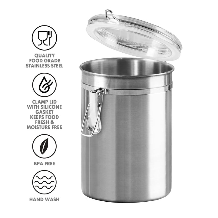 OGGI Stainless Steel Kitchen Canister 52 fl oz - Airtight Clamp Lid, Clear See-Thru Top - Ideal for Kitchen Storage, Food Storage, Pantry Storage. Large Size 5" x 6". 47-ounce Airtight Canister