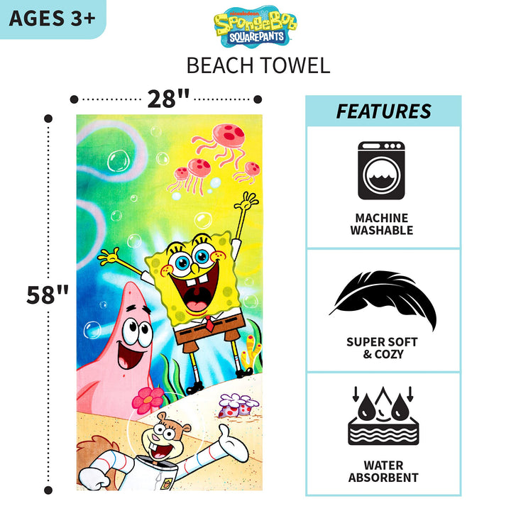 Franco Kids Super Soft Cotton Beach Towel, 58 in x 28 in, Spongebob Squarepants