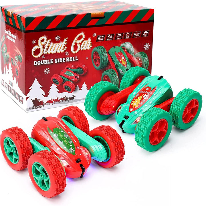 2PACK Christmas Style Remote Control Car RC Stunt Car for Kids,2.4Ghz High Speed Rock Crawler Vehicle,360 Rotating 4WD Off Road Double Sided Rotating Tumbling with 4 Rechargeable Battery，Red+Green