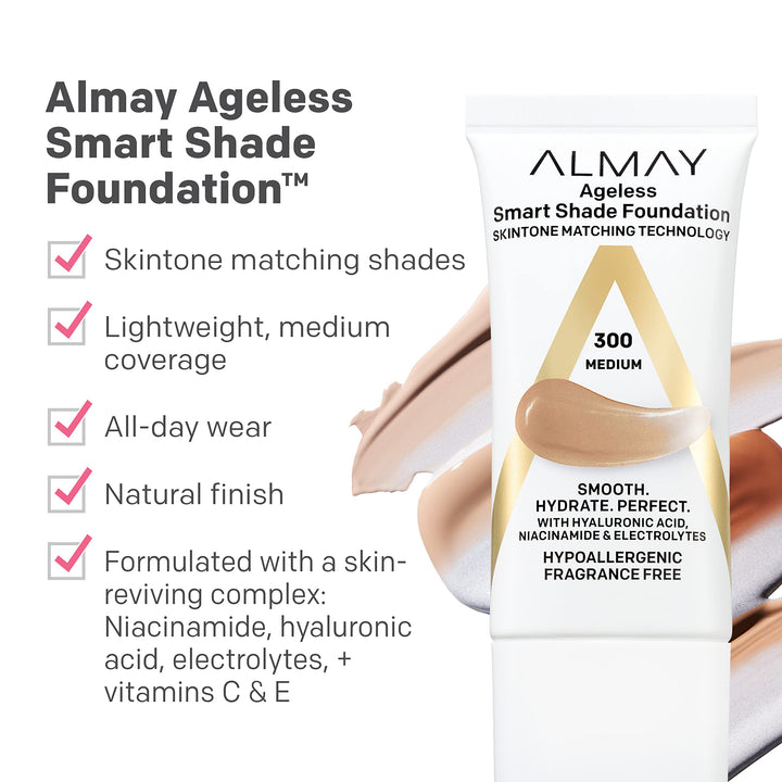 Almay Anti-Aging Foundation, Smart Shade Face Makeup with Hyaluronic Acid, Niacinamide, Vitamin C & E, Hypoallergenic-Fragrance Free, 100 Light, 1 Fl Oz (Pack of 1)