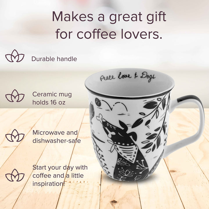 Karma Gifts 16 oz Black and White Boho Mug Dog - Cute Coffee and Tea Mug - Ceramic Coffee Mugs for Women and Men 16 Ounces