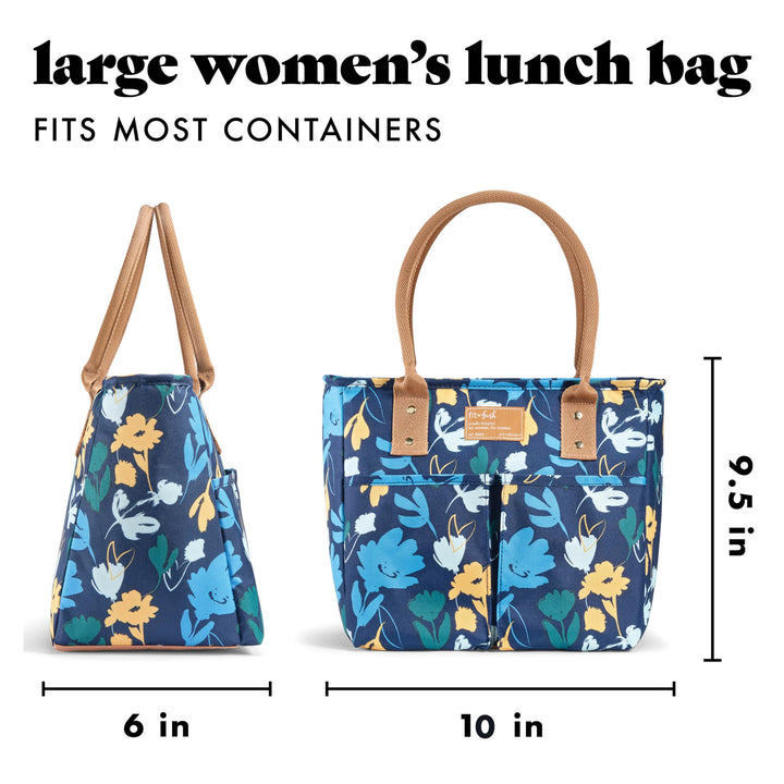 Fit & Fresh Lunch Bag For Women, Insulated Womens Lunch Bag For Work, Leakproof & Stain-Resistant Large Lunch Box For Women With Container, Zipper, Two Exterior Pockets Summerton Lunch Bag, Silo Navy Botantical Silo Navy