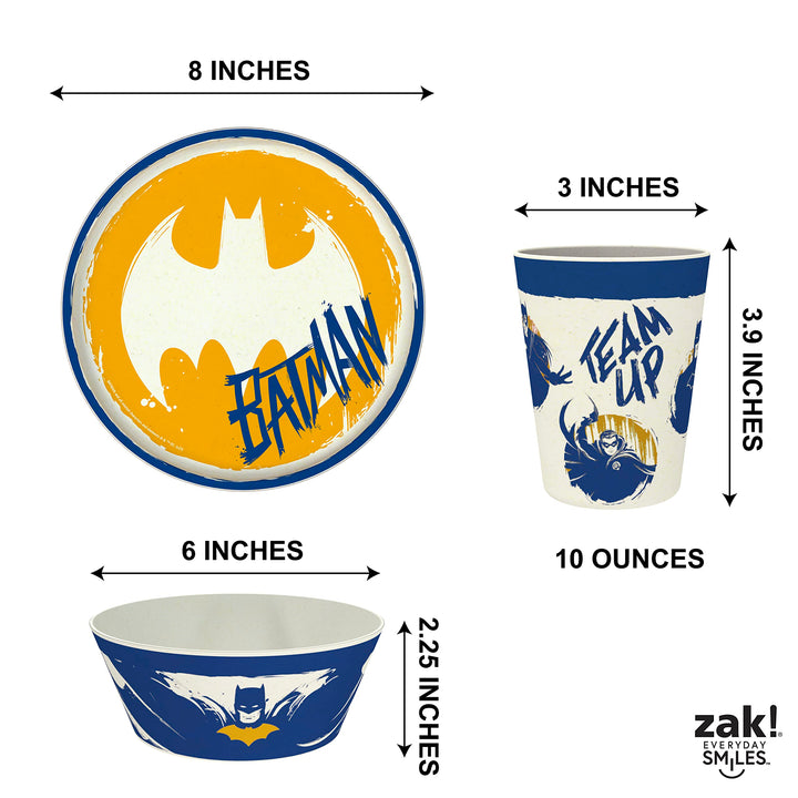 Zak Designs DC Comics Batman Kids Dinnerware Set 3 Pieces, Durable and Sustainable Melamine Bamboo Plate, Bowl, and Tumbler are Perfect For Dinner Time With Family (Batman, Robin, Batgirl) 8" Plate, 6" Bowl, 10oz Tumbler