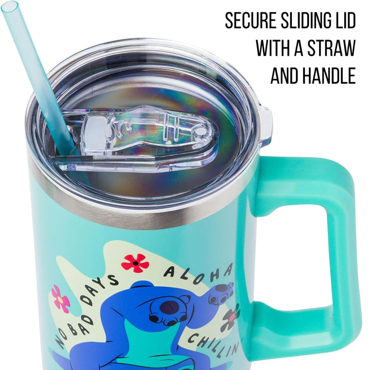 Silver Buffalo Disney Lilo and Stitch Aloha No Bad Days Chillin’ Stainless Steel Tumbler with Handle and Straw, Fits in Standard Cup Holder, 40 Ounces