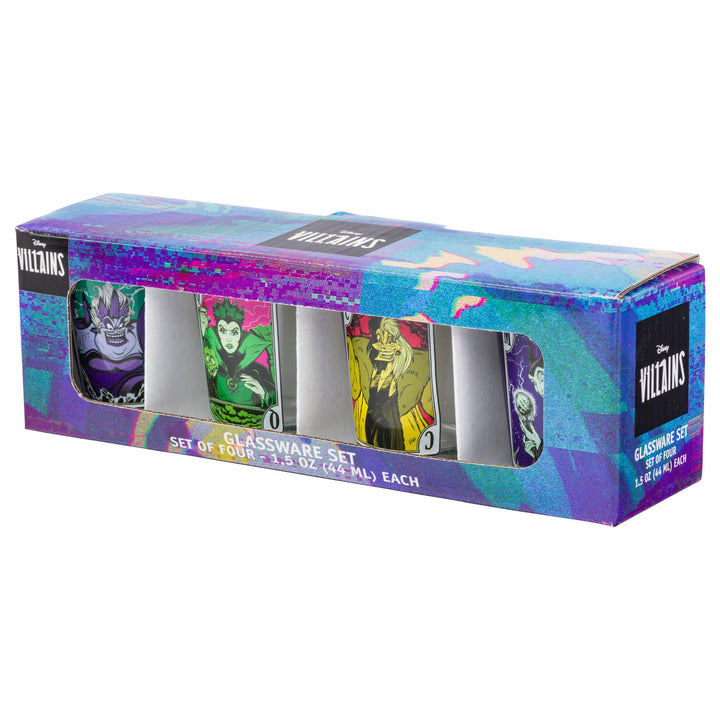 Silver Buffalo Disney Villain Cards Mini Glasses 4 Pack Featuring Cruella De Vil, Ursula, The Evil Queen and Maleficent, 1.5 Ounces Villains Cards