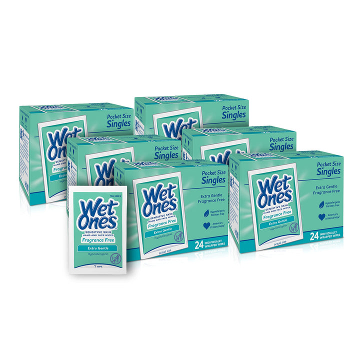 Wet Ones Hand and Face Wipes Singles,?Unscented Wipes for Sensitive Skin | Individual Wipes, Hand Wipes Individually Wrapped?| 24 ct. (6 pack)