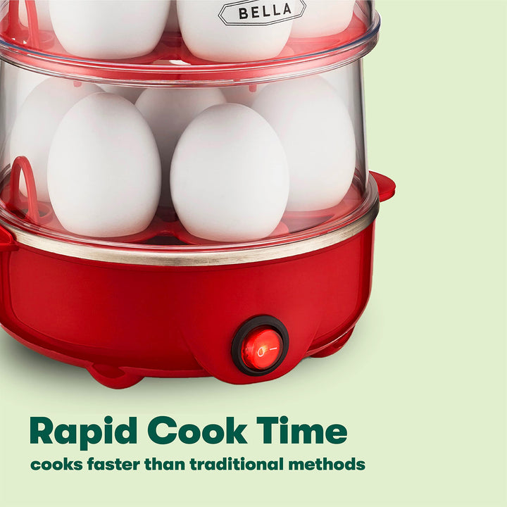 BELLA Rapid Electric Egg Cooker and Omelet Maker with Auto Shut Off, for Easy to Peel, Poached Eggs, Scrambled Eggs, Soft, Medium and Hard-Boiled Eggs, 14 Egg Capacity Tray, Double Tier, Red