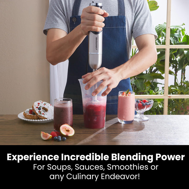 Elite Gourmet EHB1062 Variable Step-less Speed Immersion Hand Blender 500 Watts with Turbo, Stainless Steel Blades, Pressure Controlled Stick Mixer, Sauces, Soup, Smoothies, Baby Food, Stainless Steel Stainless Steel & Black Immersion Blenders